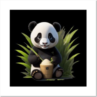 Cute baby panda sitting eating bamboo Posters and Art